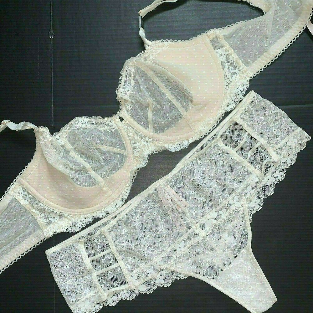 Victoria's Secret unlined 36D BRA SET+XL THONG cream WHITE lace polka dot Floral